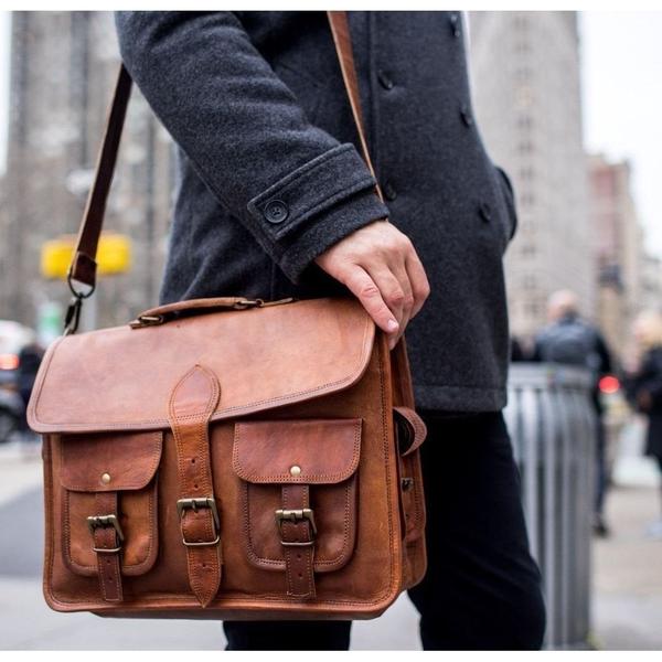 HANDMADE BROWN VINTAGE LEATHER BRIEFCASE BAG ( 15",16",18" ) - cuerobags