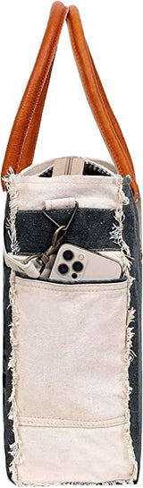 CLA Bags SEL de MER Upcycled Large Upcycled Canvas Crossbody Bag & Cowhide Tote Bag, Upcycled Canvas & Cowhide Leather Handbag Bag for Women