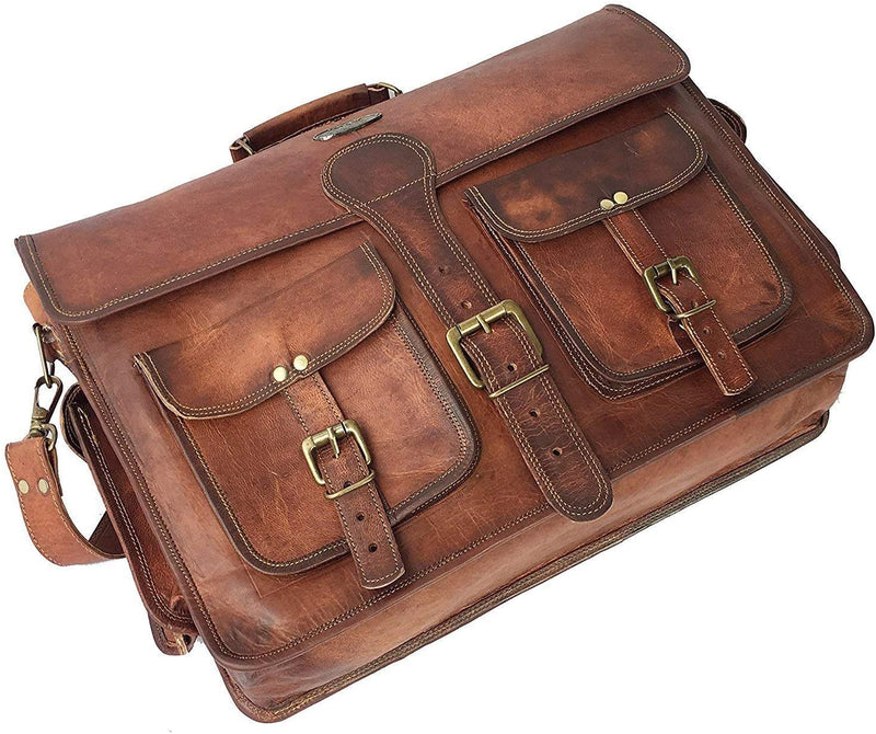 18 Inch Vintage Handmade Leather Travel Messenger Office Crossbody Bag Laptop Briefcase Computer College Satchel Bag For Men And Women (DARK BROWN)