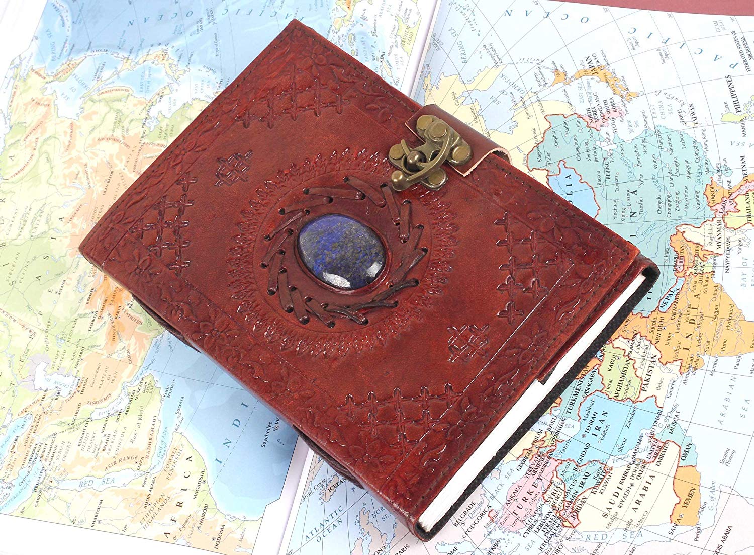 Leather journal with semi-precious stone & buckle closure leather diary gift for him her - cuerobags