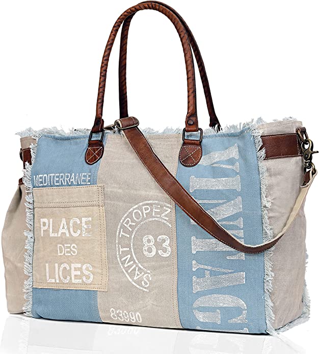 CLA 17 Inch Upcycle Canvas Weekend Bag, Beach Bag & Cowhide Leather Handbag, Canvas Crossbody bag, Canvas Hobo Bag, Canvas Handbag, Canvas Tote Bag for Women's