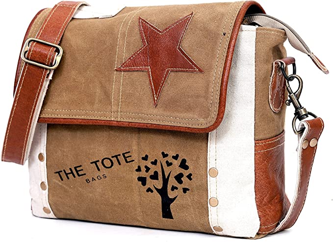 CLA Upcycled Canvas Star Crossbody Bag, Upcycled Canvas & Cowhide Crossbody Bag, Upcycled Canvas & Cowhide Leather Crossbody Bag for Women, Canvas Crossbody Bags for Women