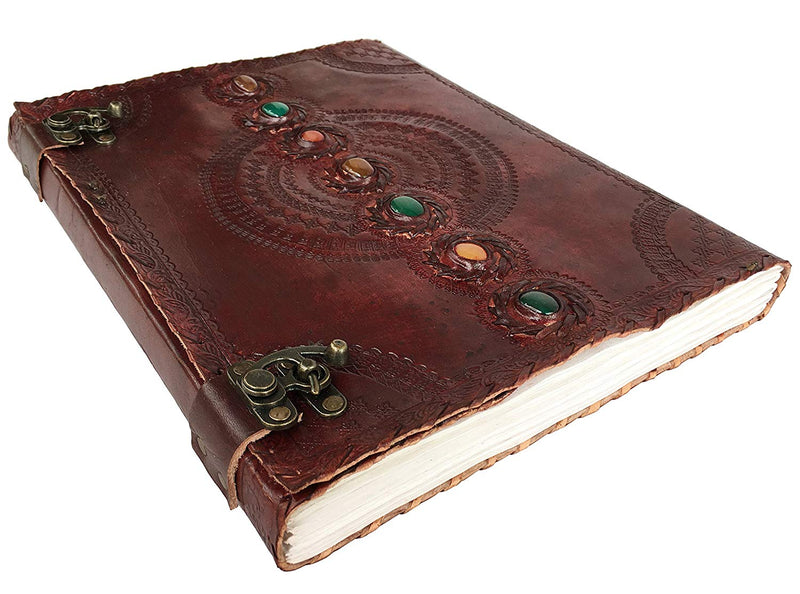 Leather Journal Book Seven Chakra Medieval Stone Embossed Handmade Book of Shadows Notebook Office Diary College Book Poetry Book Sketch Book 10 x 13 inches - cuerobags