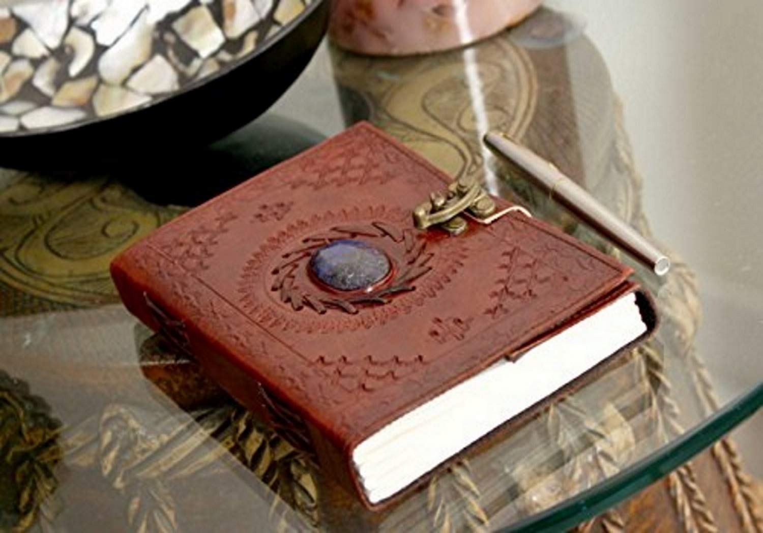 Leather journal with semi-precious stone & buckle closure leather diary gift for him her - cuerobags